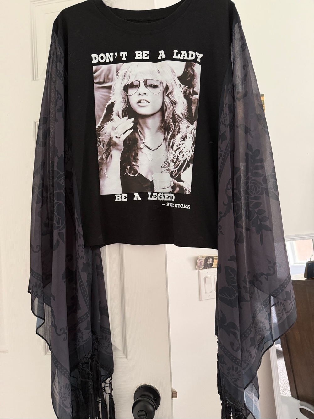 Black Graphic Long-Sleeve Top with Sheer Floral Sleeves
